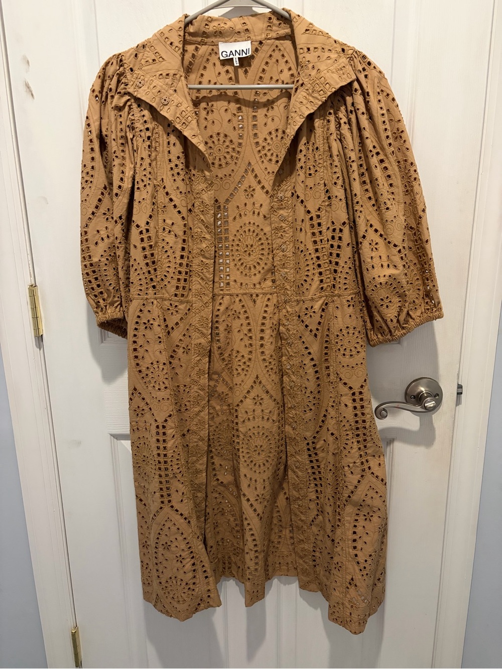 Ganni Tan Eyelet Midi Dress with Puff Sleeves - Picture 3 of 5